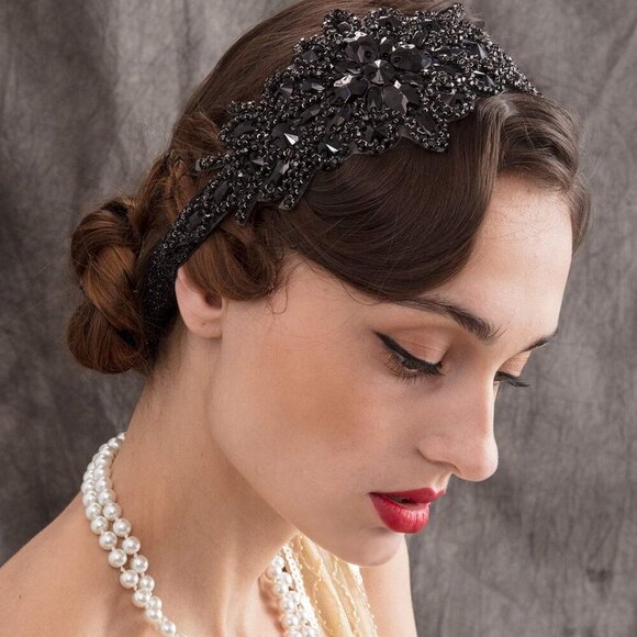 Black Rhinestone Flapper Headband 1920s Gatsby Costume Womens Accessory